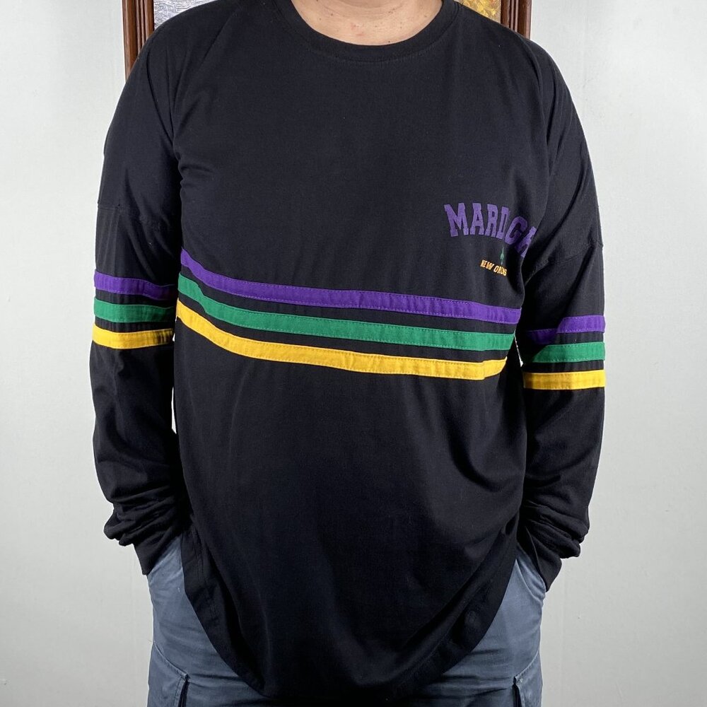 NOLA Mardi Gras Long Sleeve Shirt Top Men's XL Black Multicolor Striped Casual